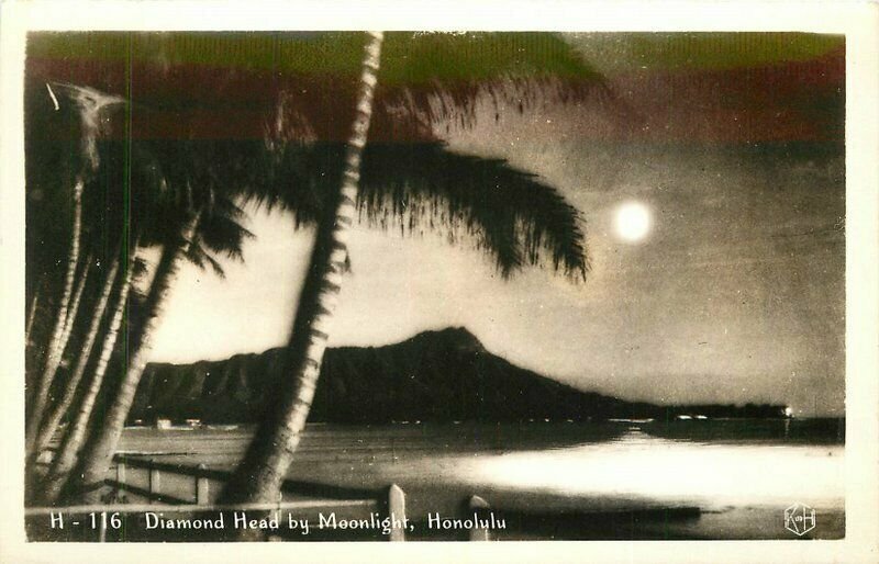 Honolulu Hawaii Diamond Head Moonlight H-116 RPPC Photo Postcard 21-12235