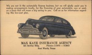 Fort Worth TX Old Car Max Kaye Insurance Co Advertising Postal Card 