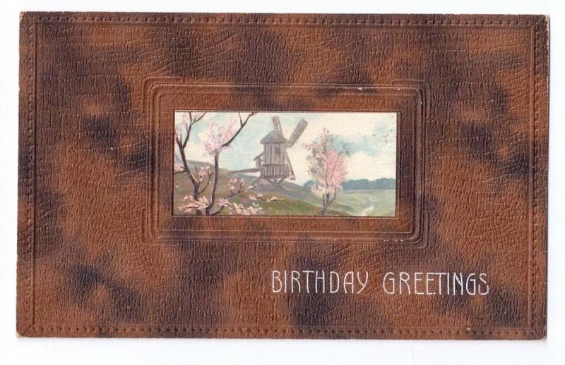 Birthday Postcard Windmill Ettlinger Leather Texture UDB