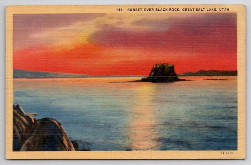 Beautiful Orange Sunset Over Black Rock Great Salt Lake Utah Postcard M23