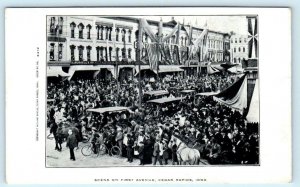 CEDAR RAPIDS, Iowa IA ~ Patriotic Street Scene FIRST AVENUE Crowd 1900s Postcard