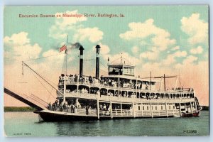 Burlington Iowa Postcard Excursion Steamer Mississippi River Ship c1910 Vintage