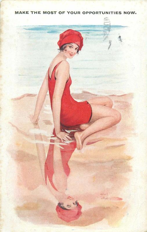 Seaside bathing beauty make the most of your opportunities now artist postcard