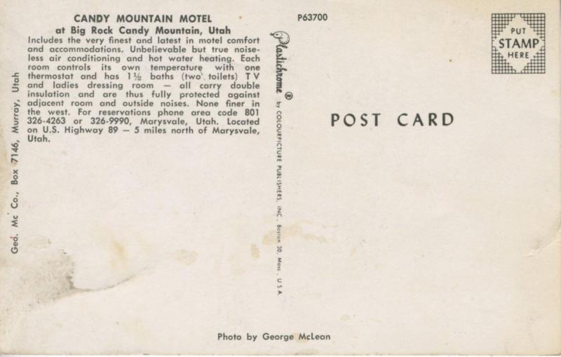 Candy Mountain Motel ~ Big Rock Candy Mountain Utah UT Old Car Vintage Postcard