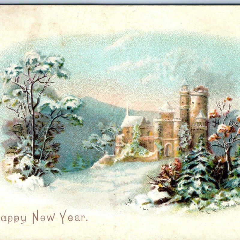 c1880s Happy New Year Castle Fortress Snow Trade Card Winter Stronghold Fort C6