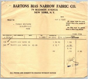 1927  New York City  Bartons Bias Narrow Fabric Co. Receipt  8 x 7