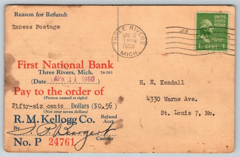 Three Rivers MIRM Kellogg Company Refund Check56 CentsTP Burgert Cashier1950