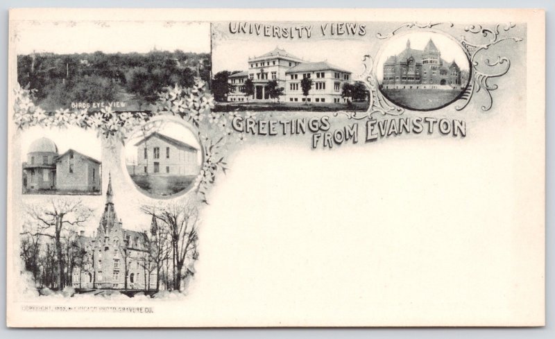 Evanston Illinois~Northwestern University Campus Views~1898 Art Nouveau Postcard