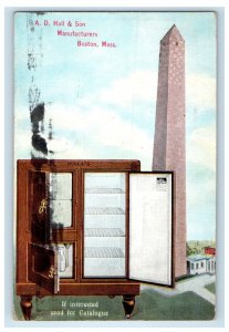 1913 A.D. Hall Ice Box Refrigerator Advertising Boston MA Monument Postcard