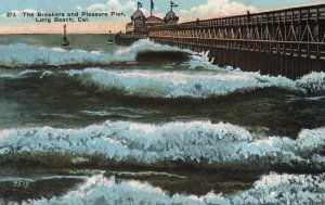 VINTAGE POSTCARD THE BREAKERS AND PLEASURE PIER AT LONG BEACH CALIFORNIA c. 1910