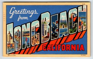Greetings From Long Beach California Large Letter Linen Postcard Curt Teich 1940