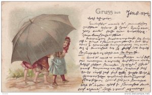 Gruss Aus JENA, Germany, PU-1899; Children With A Big Umbrella During A Rainy...