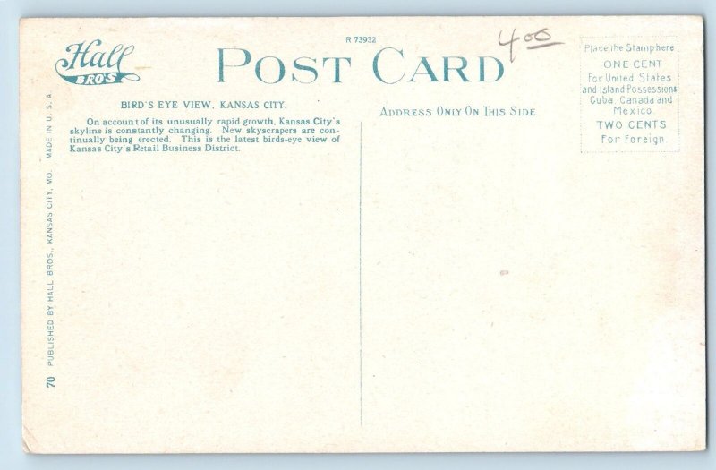 c1910 Birds Eye View Business Street Railroad Cars Kansas City Missouri Postcard