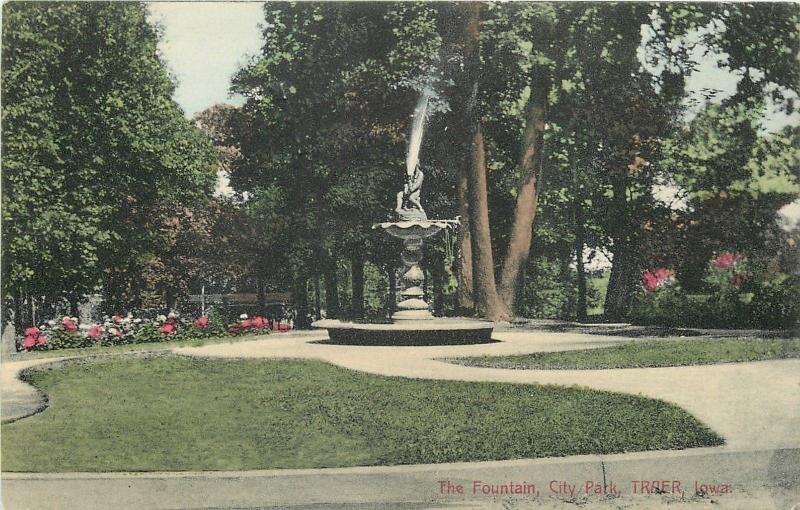 Traer Iowa~Fountain in City Park~Water Spray Spout~Flowers~1910 Postcard