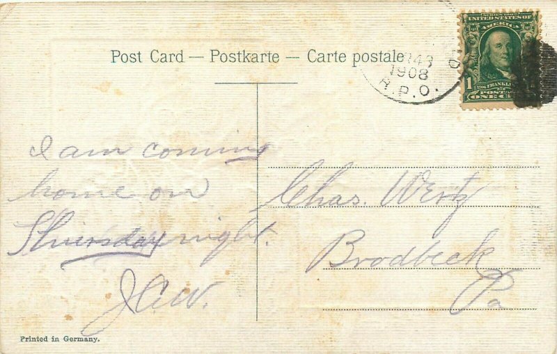 Merry Christmas pm 1908 Holly and Rural Winter Scene Postcard