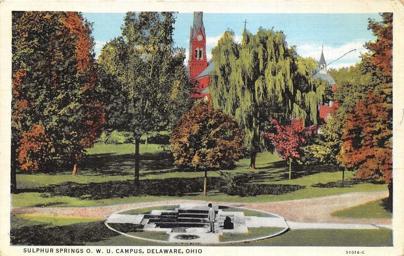 Delaware Ohio Wesleyan University-Man Standing by Sulphur Springs~1935 Postcard