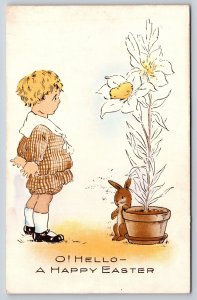 Easter~Startled Boy Sees Chick In Lily~Bunny Leans On Pot~Whitney Made~1916 PC