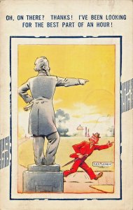 ON THERE? MAN LOOKING FOR BATHROOM~STATUE POINTS THE WAY~BAMFORTH COMIC POSTCARD