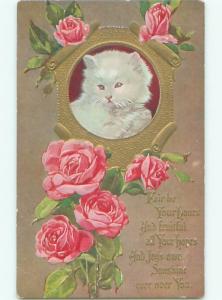 Pre-Linen WHITE KITTEN CAT WITH ROSE FLOWERS AC4886