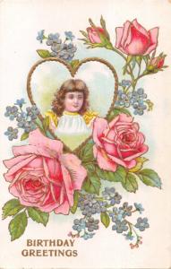 BIRTHDAY GREETINGS 1910s EMBOSSED GILT POSTCARD YOUNG GIRL-FLOWERS-HEART