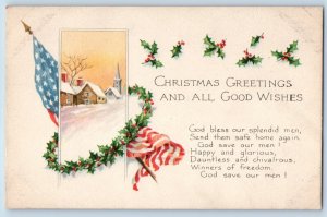 Gibson Postcard Christmas Greeting Flag House Winter Scene Holly Berries 1918