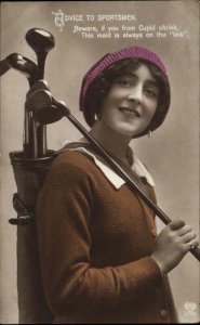 Beautiful Woman Golf Clubs Cap Sweater Tinted c1910 Real Photo Postcard