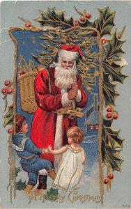 J40/ Santa Claus Christmas Postcard c1910 Children Toy Sack Tree 116