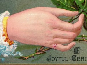1880s Embossed Victorian Christmas Card Lady's Hand Pink Rose Fab! #6K
