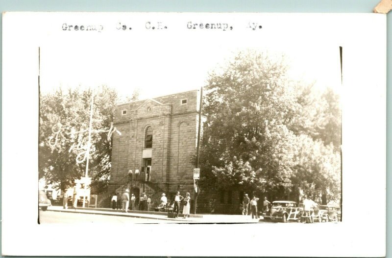 Vtg Postcard RPPC 1940s Greenup Kentucky KY greenup County Courthouse Cars