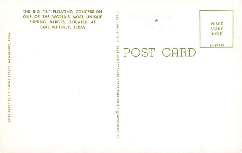 Lake Whitney Texas The Big B Floating Concession Stand, Vintage PC U13436