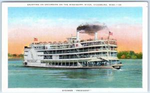 VICKSBURG, MS   Mississippi Excursion  STEAMER PRESIDENT  c1940s Linen  Postcard