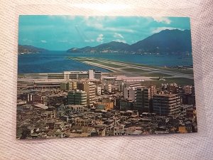 Kai Tak Airport Hong Kong Modern Runways point to Lyemoon Pass Vintage Postcard