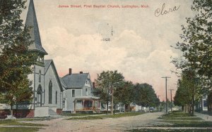 Vintage Postcard 1910's James Street First Baptist Church Ludington Michigan MI