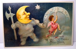 New Years Postcard Fantasy Crescent Moon Man Cherub Angel Clock 1908 PFB Germany 