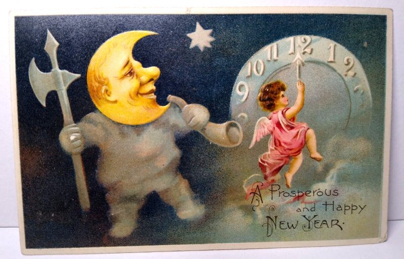 New Years Postcard Fantasy Crescent Moon Man Cherub Angel Clock 1908 PFB Germany 