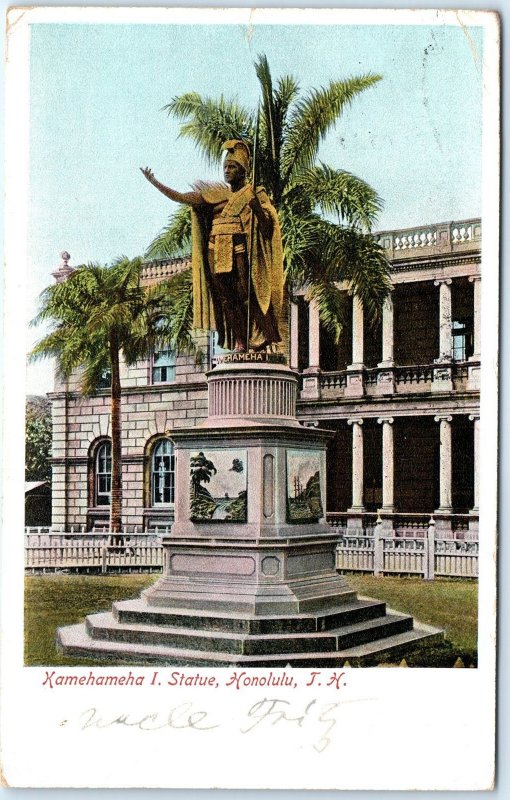 c1900s Honolulu, HI Kamehameha I. Statue UDB Lith Photo Postcard Cancel Vtg A66