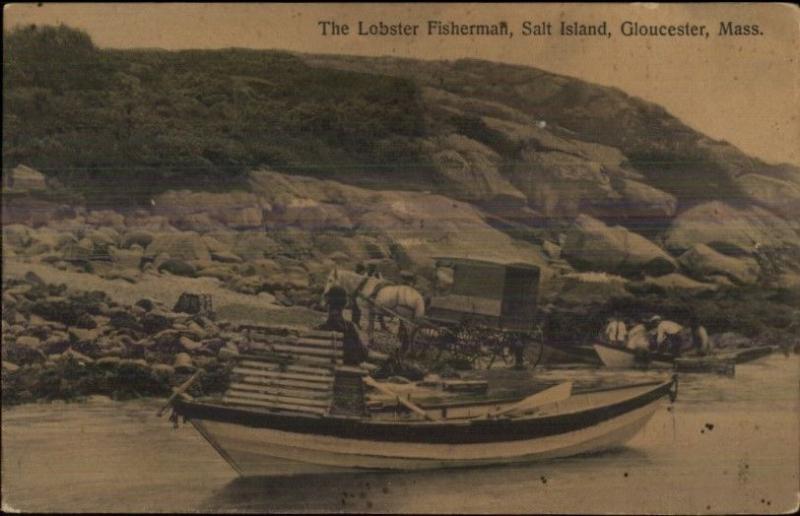 Gloucester MA Salt Island Lobsterman Lobster Fisherman Boat Wagon Postcard