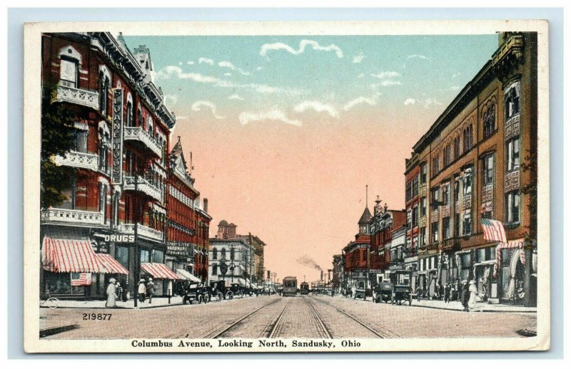 Sandusky Ohio Columbus Avenue Postcard Looking North Trolly Car Shops People 