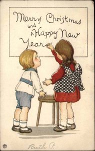 Christmas Children Boy & Girl Stool Embossed c1900s-10s Postcard