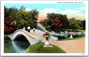 Scene In Spring Park Enid Oklahoma OK Bridge Staircase Fountain Postcard