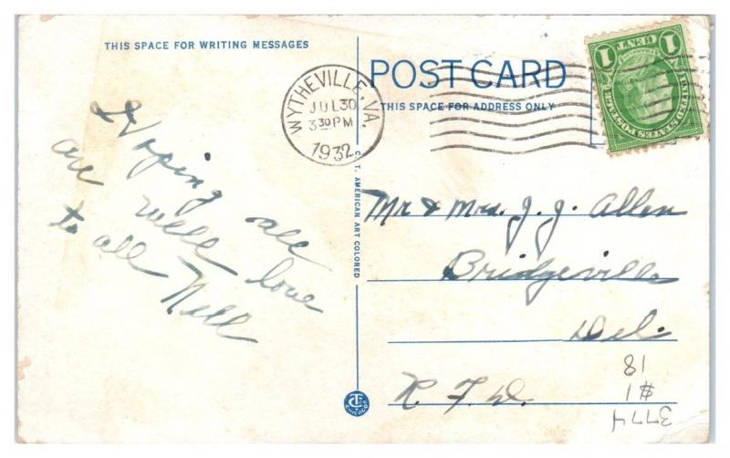 1932 Chimney Rock, Wytheville, VA Postcard