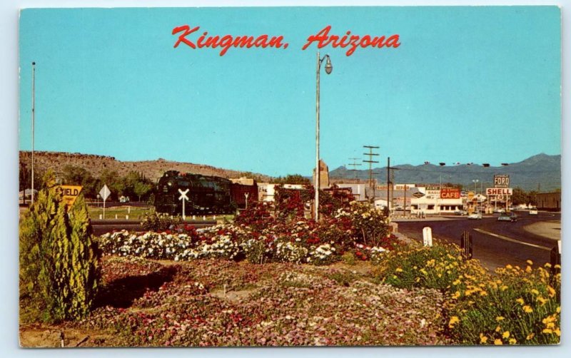 KINGMAN, Arizona AZ ~ Street Scene ROUTE 66 Locomotive c1960s Roadside Postcard