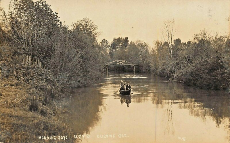 EUGENE OR~UNIVERSITY OF OREGON-MORNING JOYS-CANOEING~REAL PHOTO POSTCARD