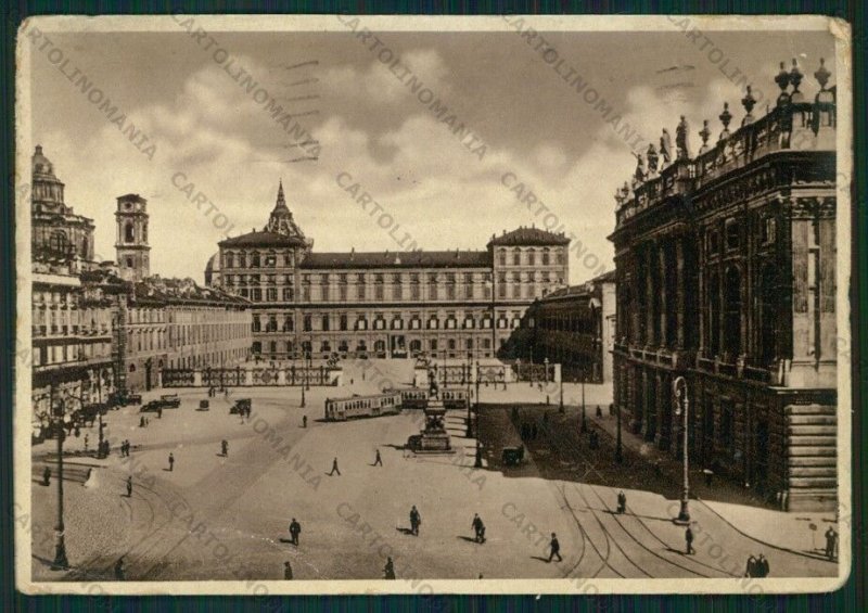 Torino Città Piazza Castello Palazzo Reale Tram PIEGHE FG cartolina VK2578