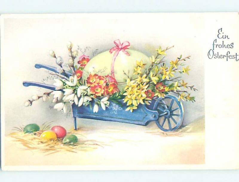 1961 Easter foreign LARGE EGG AND FLOWERS IN BEAUTIFUL WHEELBARROW HL8821