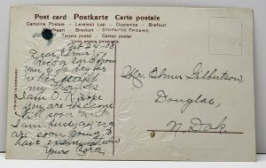 Fargo North Greetings Embossed Glitter Decorated 1908 to Douglas Postcard F18