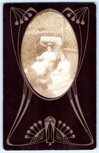 1910'S RPPC 2 WOMEN FRINGE CHAIR FANCY BORDER REAL PHOTO INSERT POSTCARD