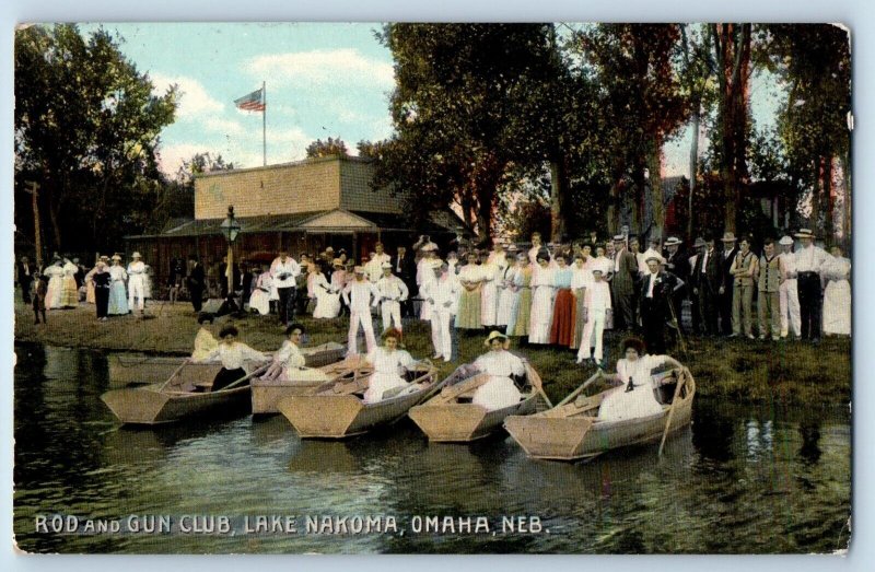 Omaha Nebraska NE Postcard Rod Gun Club Lake Nakoma Canoe c1910 Vintage Antique