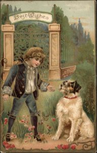 Best Wishes Little Victorian Boy with Scruffy Terrier Dog c1910 Vintage Postcard
