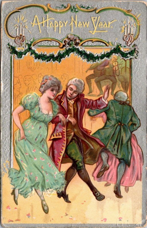 New Year Postcard Victorian Couples Dancing, Playing Music